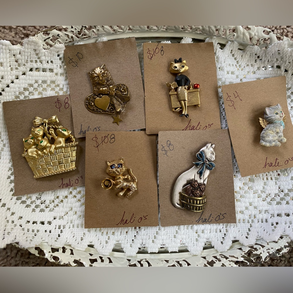 (6) vintage cat brooches